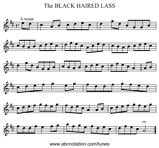 BLACK HAIRED LASS, The - staff notation
