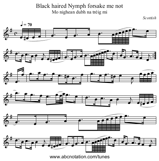 Black haired Nymph forsake me not - staff notation