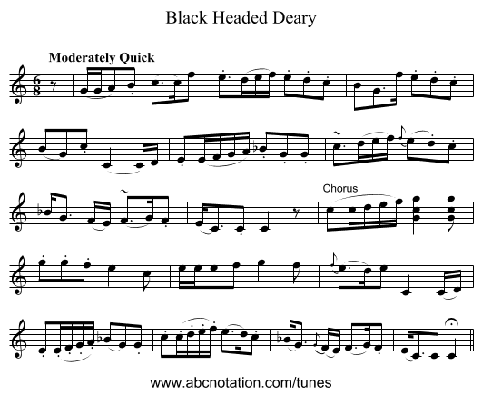 Black Headed Deary - staff notation