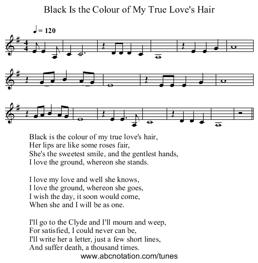 Black Is the Colour of My True Love's Hair - staff notation