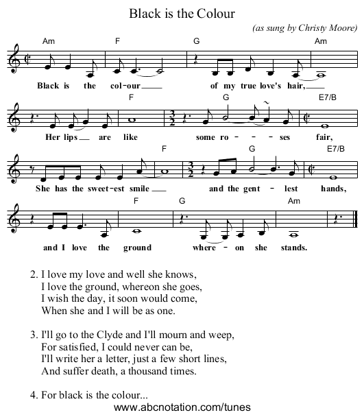 Black is the Colour - staff notation