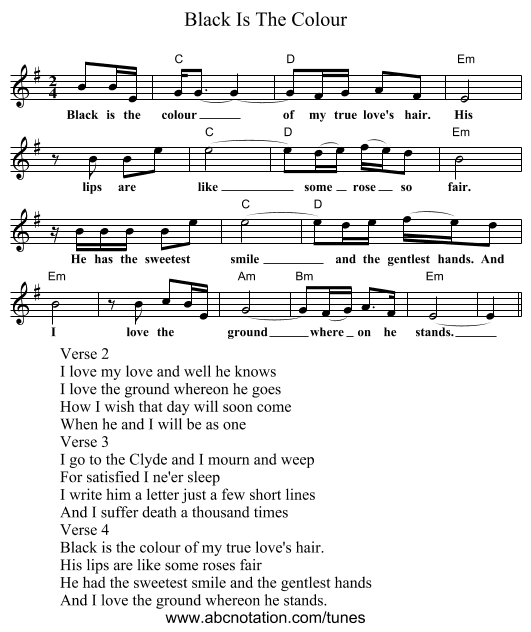 Black Is The Colour - staff notation