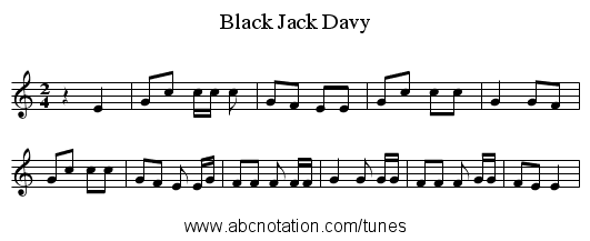 Black Jack Davy - staff notation