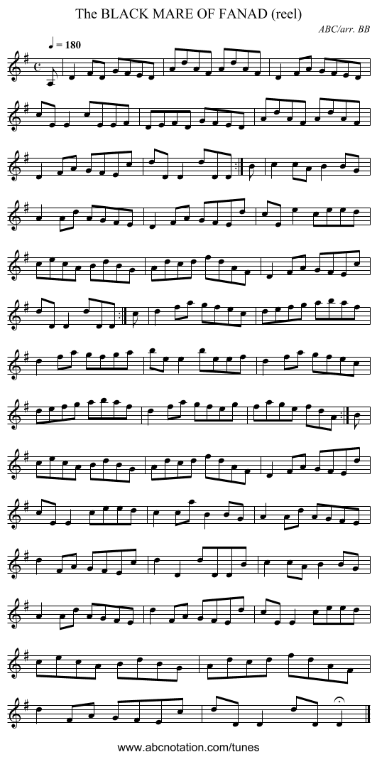BLACK MARE OF FANAD (reel), The - staff notation