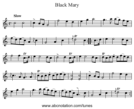 Black Mary - staff notation
