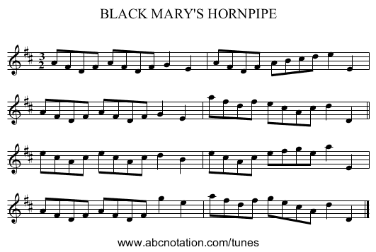 BLACK MARY'S HORNPIPE - staff notation