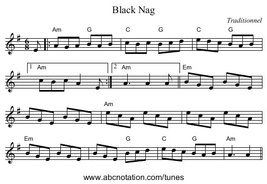 Black Nag - staff notation