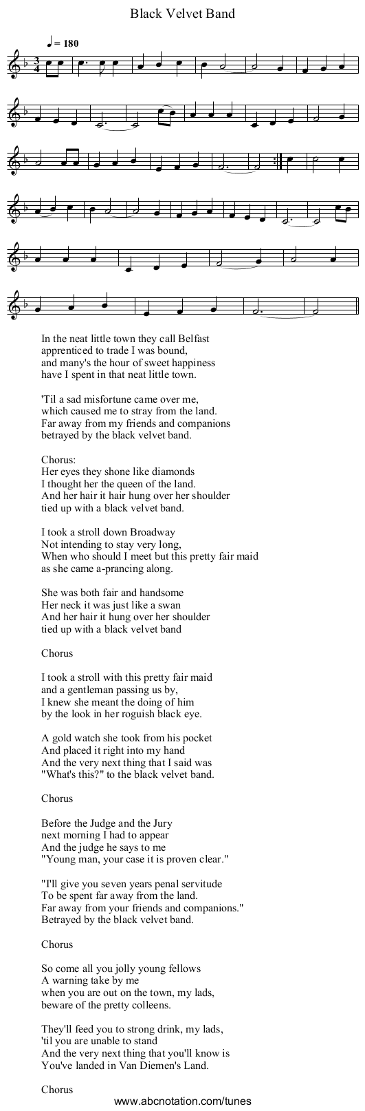 Black Velvet Band - staff notation