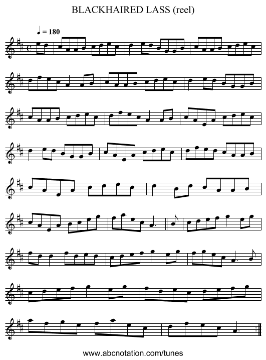 BLACKHAIRED LASS (reel) - staff notation