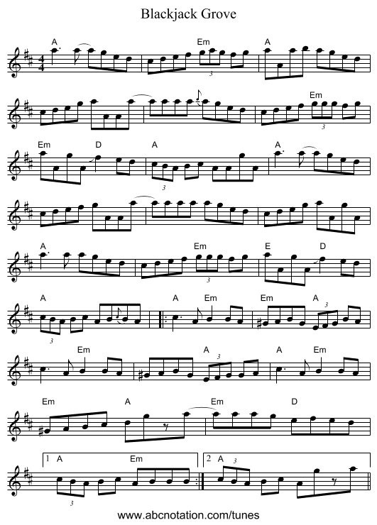 Blackjack Grove - staff notation
