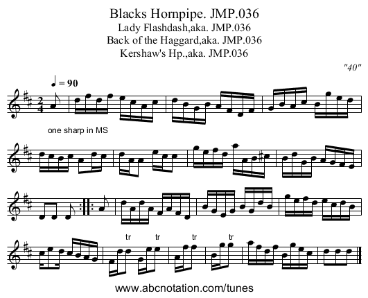 Blacks Hornpipe. JMP.036 - staff notation