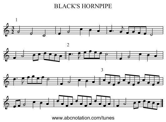 BLACK'S HORNPIPE - staff notation