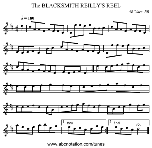 BLACKSMITH REILLY'S REEL, The - staff notation