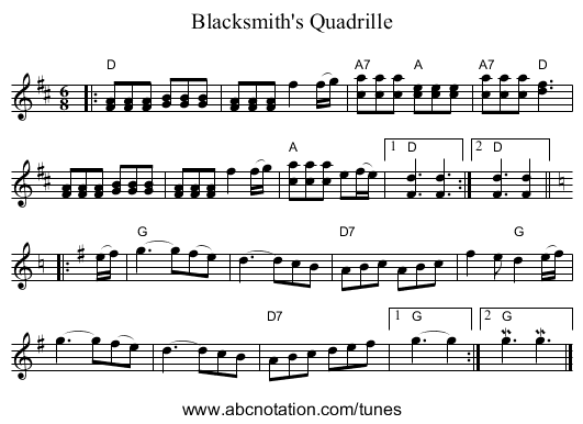 Blacksmith's Quadrille - staff notation