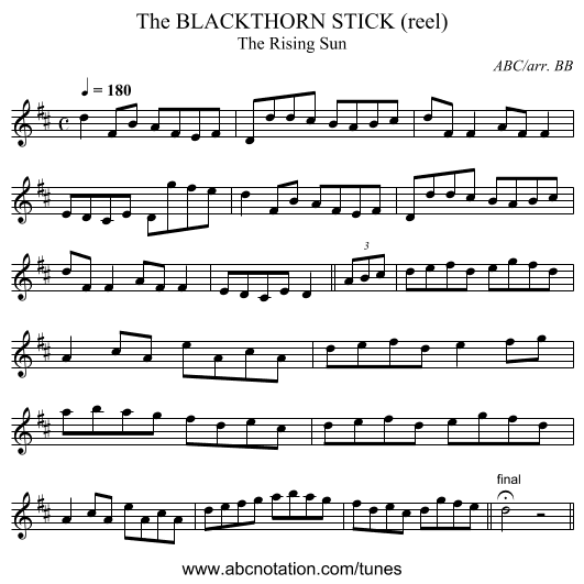BLACKTHORN STICK (reel), The - staff notation