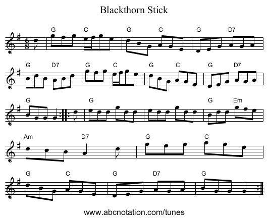 Blackthorn Stick - staff notation