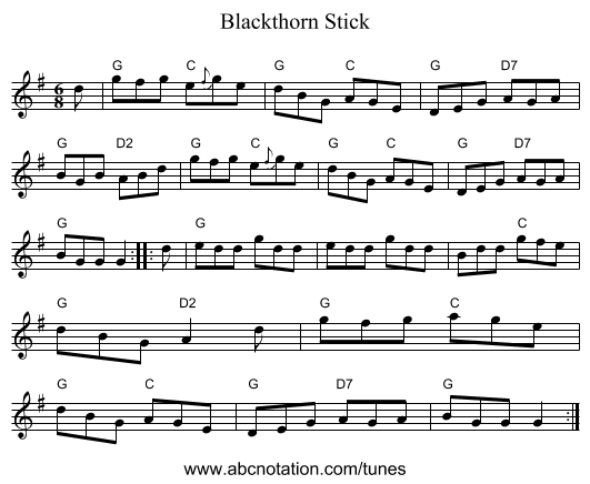 Blackthorn Stick - staff notation