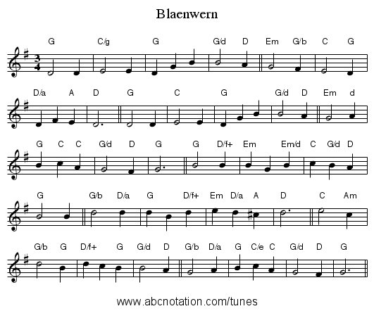 Blaenwern - staff notation
