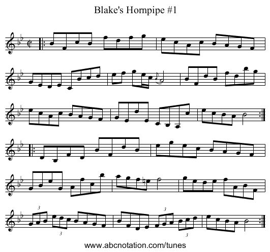 Blake's Hornpipe #1 - staff notation