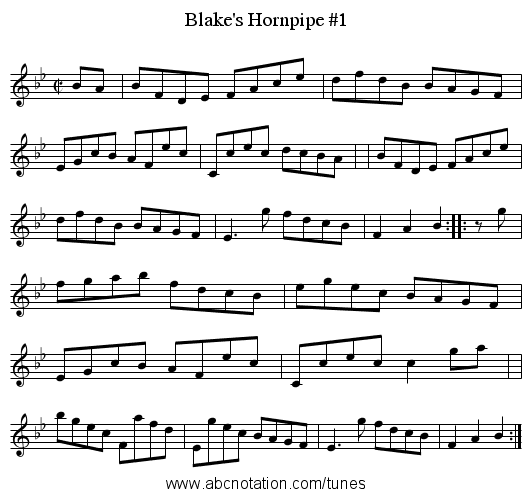 Blake's Hornpipe #1 - staff notation