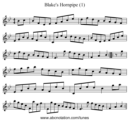 Blake's Hornpipe (1) - staff notation