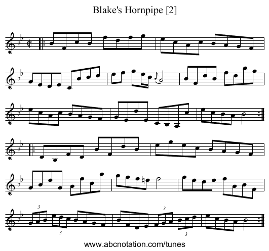 Blake's Hornpipe [2] - staff notation