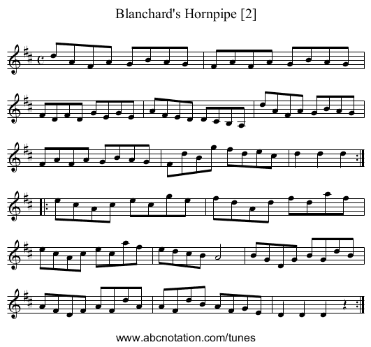 Blanchard's Hornpipe [2] - staff notation