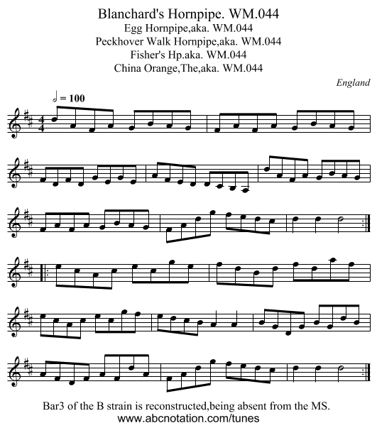 Blanchard's Hornpipe. WM.044 - staff notation
