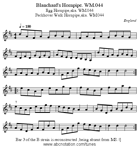 Blanchard's Hornpipe. WM.044 - staff notation