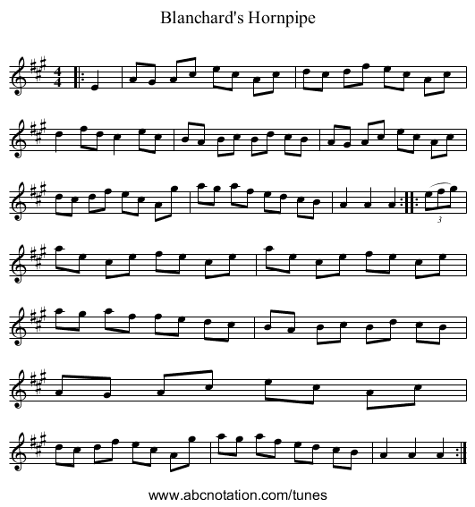 Blanchard's Hornpipe - staff notation