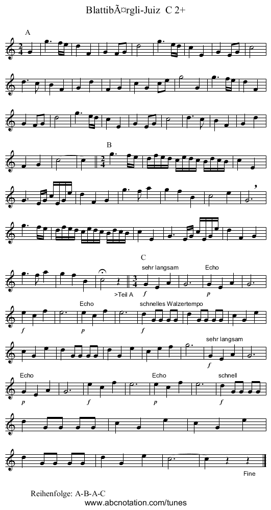 Blattibärgli-Juiz C 2+ - staff notation
