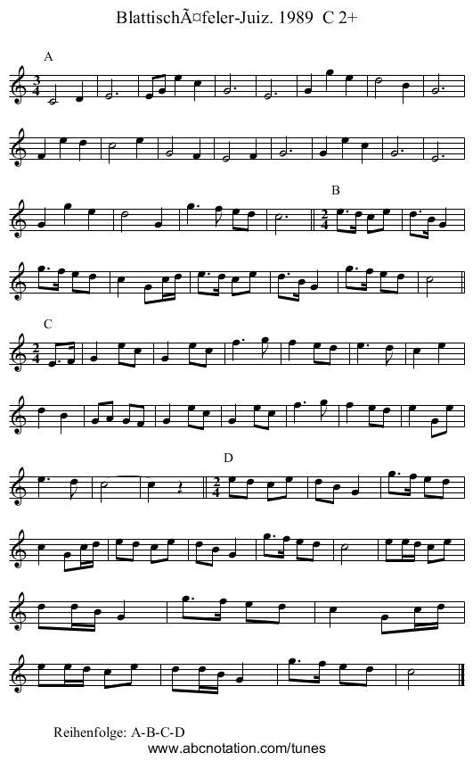 Blattischäfeler-Juiz. 1989 C 2+ - staff notation