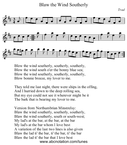 Blaw the Wind Southerly - staff notation