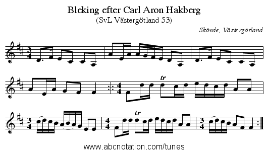 Bleking efter Carl Aron Hakberg - staff notation