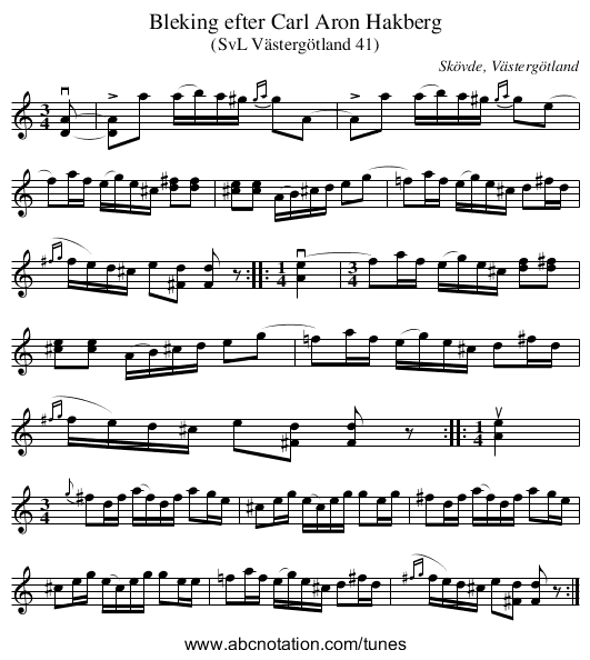 Bleking efter Carl Aron Hakberg - staff notation