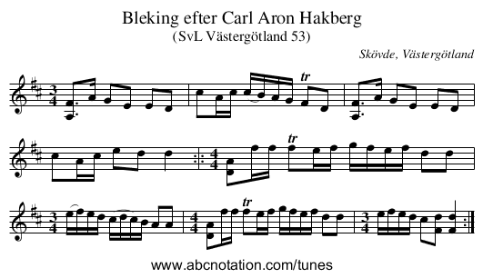 Bleking efter Carl Aron Hakberg - staff notation