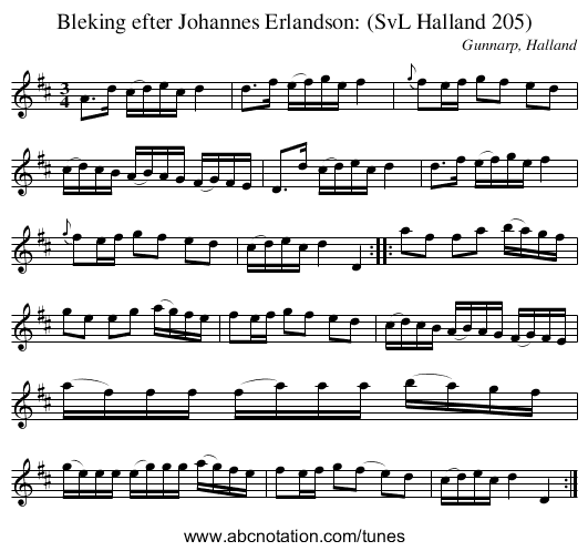 Bleking efter Johannes Erlandson: (SvL Halland 205) - staff notation