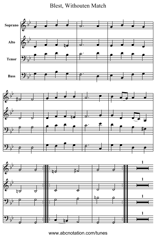 Blest, Withouten Match - staff notation