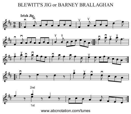 BLEWITT'S JIG or BARNEY BRALLAGHAN - staff notation