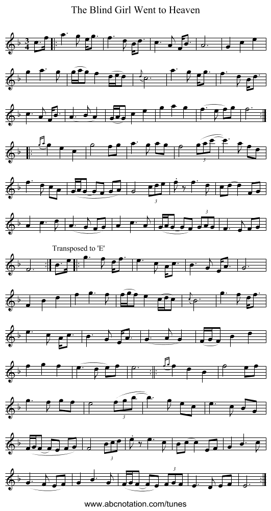 Blind Girl Went to Heaven, The - staff notation