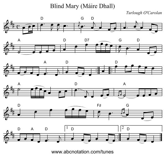 Blind Mary (M&aacute;ire Dhall) - staff notation
