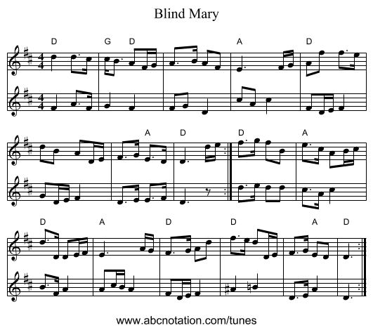 Blind Mary - staff notation