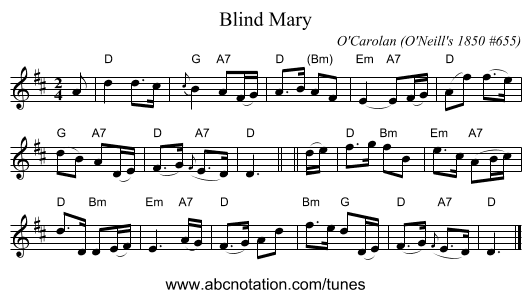 Blind Mary - staff notation