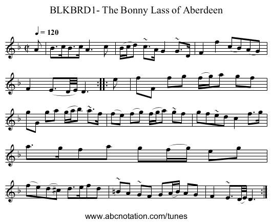 BLKBRD1- The Bonny Lass of Aberdeen - staff notation
