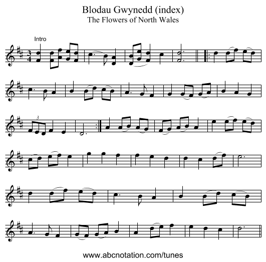 Blodau Gwynedd (index) - staff notation