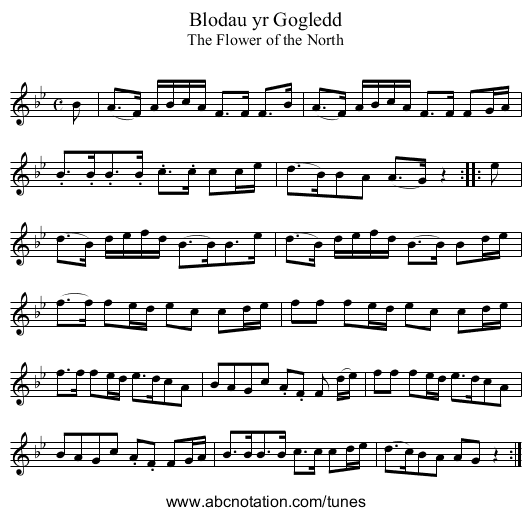 Blodau yr Gogledd - staff notation