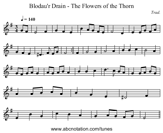 Blodau'r Drain - The Flowers of the Thorn - staff notation