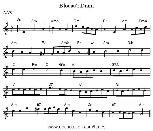 Blodau'r Drain - staff notation