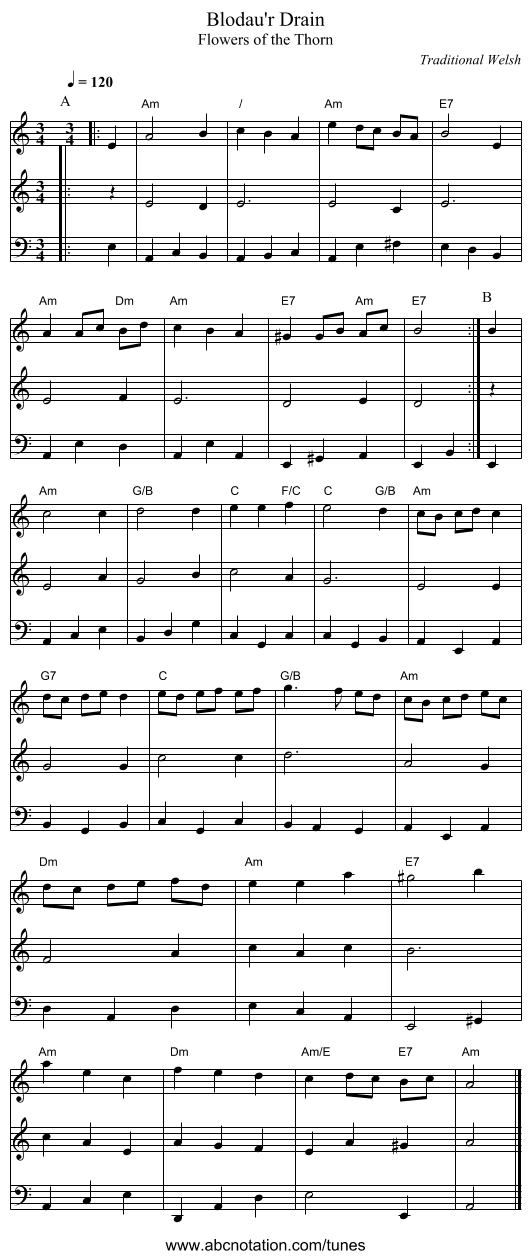 Blodau'r Drain - staff notation