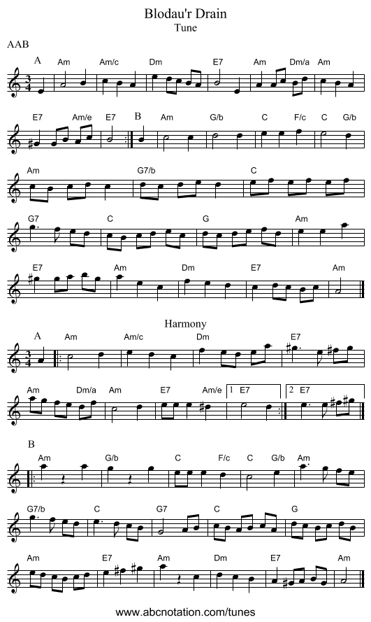 Blodau'r Drain - staff notation